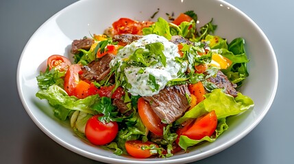 Fresh and Colorful Salad with Grilled Meat, Cherry Tomatoes, and Herb Yogurt Dressing on a Modern Plate