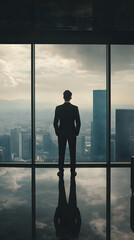 Fototapeta premium A man in a suit standing inside an office with panoramic windows overlooking a cityscape 