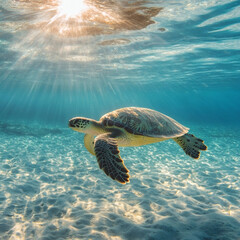 Obraz premium Sea turtle swimming in sunlit ocean