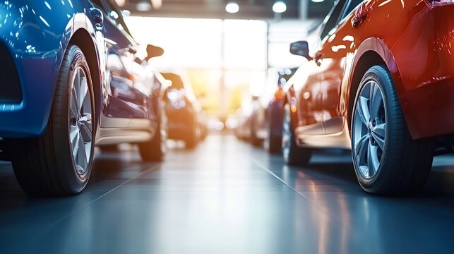 Colorful cars parked in a row within a modern, brightly lit auto dealership showroom, showcasing an enticing selection of vehicles ready for purchase and driving away