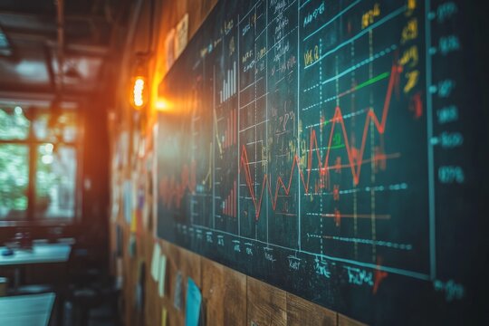 Wall with multiple graphs and charts displaying data analysis and statistics visualizations