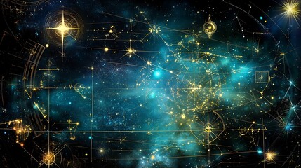 Obraz premium Ethereal Cosmic Background with Glowing Stars and Scientific Charts for Mystical Exploration