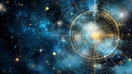 Obraz premium Cosmic Illustration of Stellar Formation with Golden Lines and Sparkling Stars on a Deep Blue Background