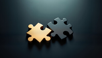 Obraz premium Two interlocking puzzle pieces on sleek dark background with ambient lighting symbolizing partnership