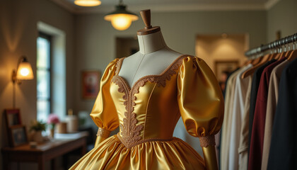 Golden silk ballgown displayed on vintage dress form in softly lit boutique with warm ambient lighting