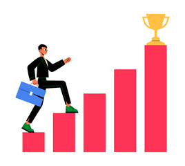 Businessman Climbing Bar Chart In Flat Vector Illustration Symbolizing Career Growth, Success, Leadership, And Professional Achievement, Isolated On White Background.