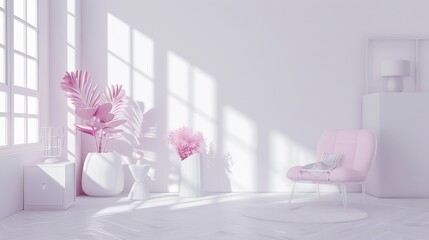 "White room with pink accents and minimalist decor, featuring stylish interior design"