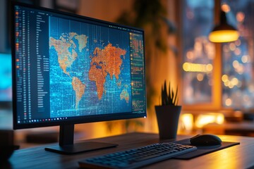 Computer monitor displaying a detailed world map with various countries and continents highlighted