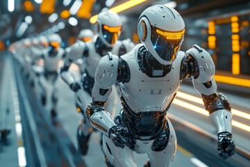 Fototapeta premium Robot walking down a long hallway with illuminated walls and futuristic design elements