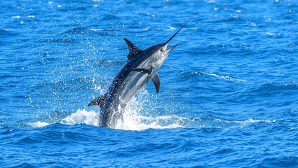 Fototapeta premium Majestic black marlin leaping from ocean sunlight glistening on water droplets