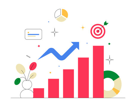 Business Growth Chart With Increasing Graph In Flat Vector Illustration Symbolizing Market Success, Profitability, And Performance, Isolated On White Background.