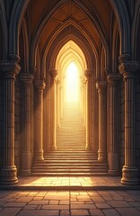 Fototapeta premium Fantasy digital illustration of interior of gothic cathedral. Holy religious architecture with castle entrance, staircase. Vertical poster with columns, arch. Palace hall with old ancient arches