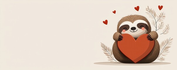 Fototapeta premium Smiling sloth embracing a heart forest cute animal illustration playful environment whimsical viewpoint animal love concept