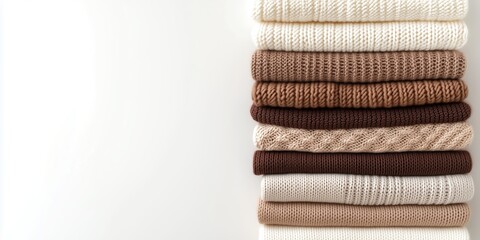 color of the year, moodboard sample "mocha mousse": a stack of neatly folded cocoa sweaters on a shelf