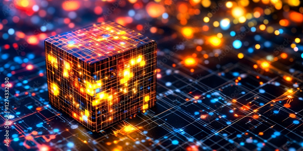 Poster illuminated data cube on network circuit board abstract technology background