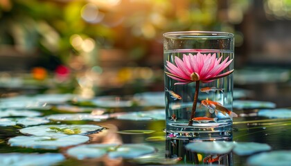 A unique flower vase with floating liquid and small fish swimming inside without spilling