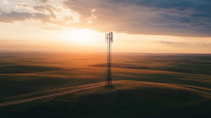 Obraz premium Aerial view of mobile phone cell tower in steppe landscape, illustrate lack of broadband internet service
