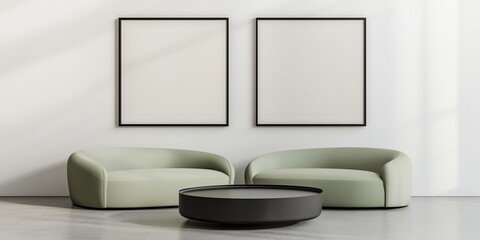 Two empty black frame mockups on a white wall, a minimalist interior design with a light green sofa and a round coffee table, a concrete floor