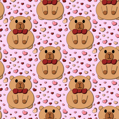 Seamless pattern with Cute Capybara with small hearts