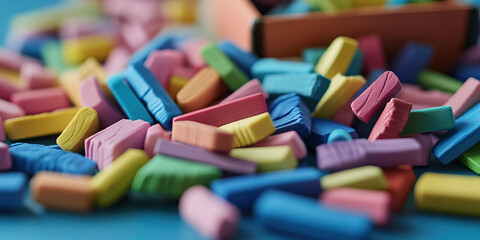 Scattered Pastel-Colored Chalk Pieces on Blue Surface