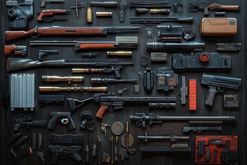 Fototapeta premium A high-resolution image of a firearm enthusiast collection . A variety of guns and weapons displayed against a sleek black background, emphasizing their intricate designs and details.