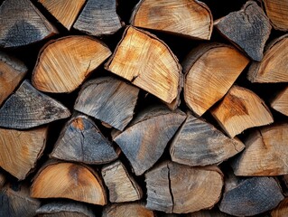 Rustic Stack of Firewood Logs in Warm Tones Ready for Winter Season Close Up Capturing Natural Texture and Grain