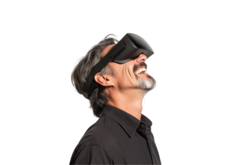 a happy man wearing a virtual reality headset over isolated on a transparent background