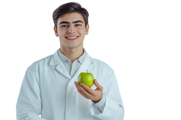 a male dentist in a white coat holds a green apple against isolated on a transparent background