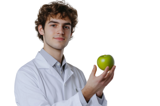 a male dentist in a white coat holds a green apple against isolated on a transparent background