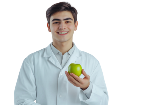 a male dentist in a white coat holds a green apple against isolated on a transparent background - Powered by Adobe
