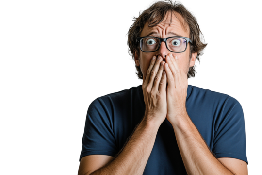 a man in glasses with his hands on his chin looks isolated on a transparent background