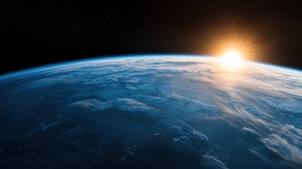 Fototapeta premium A stunning view of Earth from space during sunrise, showcasing the blue oceans and fluffy clouds against a backdrop of the cosmos.