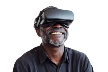 a happy man wearing a virtual reality headset over isolated on a transparent background