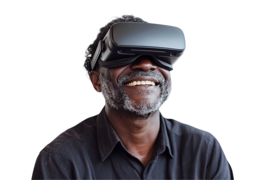  a happy man wearing a virtual reality headset over isolated on a transparent background