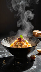 Steaming gourmet pasta served in elegant bowl, evening culinary art