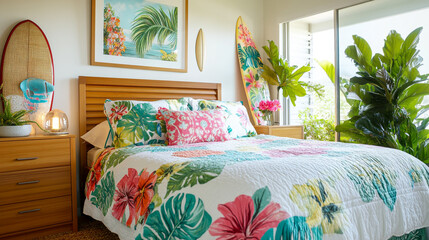 Colorful coastal bedroom with tropical decor and surfboards in a sunny setting