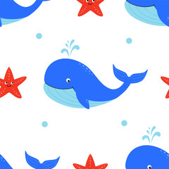 Obraz premium Seamless pattern with cute cartoon starfish and whale. Vector. 