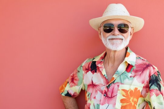 Smiling senior man in colorful shirt, hat, and sunglasses against a vibrant coral background - Powered by Adobe