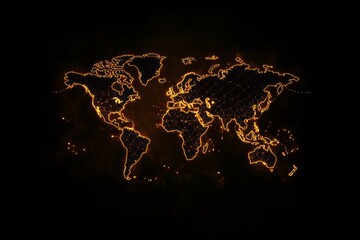World map illuminated with lights showcasing countries and continents in dark background