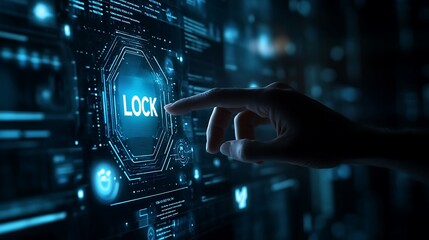 digital touch screen and touch button. lock button touch screen. hologram technology lock button touch hand