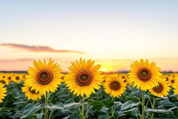 Fototapeta premium Stunning sunflowers basking in golden sunlight at sunset, creating a vibrant and cheerful atmosphere in a natural setting.