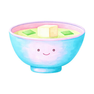 recommend clip art: Cute food cliptart, cheerful bowl of miso soup with tofu and green vegetables Clipart Photo isolated on transparency background