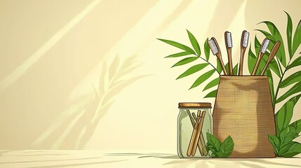 Obraz premium Bamboo Toothbrushes in Burlap Bag with Green Leaves