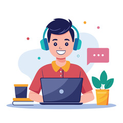 man in headphones, studying at laptop. Happy female student watching business webinar. Video conference call, remote work communication. Flat vector illustration isolated on white background
