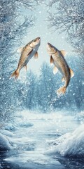 Winter Fishing Concept with Two Fish Floating Over Snowy Landscape, Surrounded by Snow-Covered Trees and Frozen River, Creating a Magical and Serene Atmosphere with Cool Blue Tones
