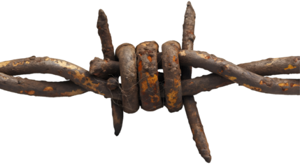 Rusty Barbed Wire Detailed Texture, Old Iron Fence with Sharp Grunge Design, isolated on transparent background.