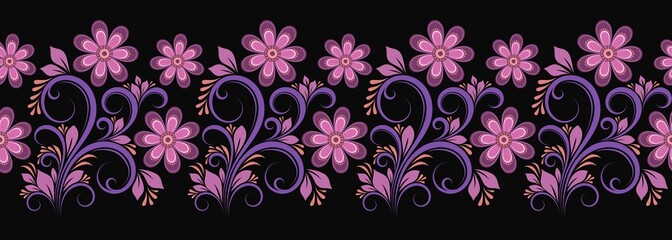 Floral seamless border with flowers, swirls and leaves in pink, burgundy and purple on black background.