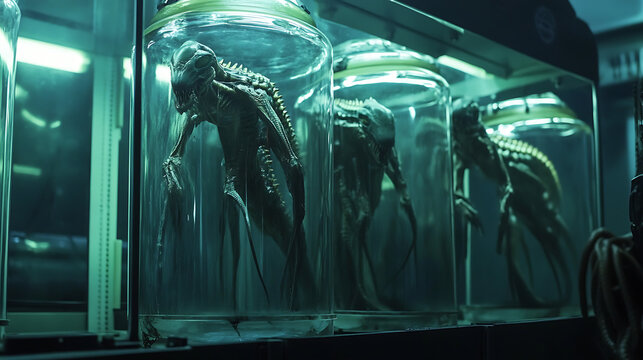 a secret laboratory containing alien creatures in glass tubes
