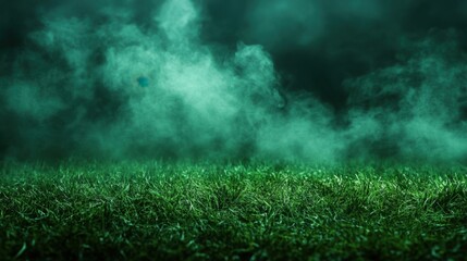 Eerie green grass field with mysterious fog creating a spooky atmosphere for Halloween night or fantasy background with dark mood