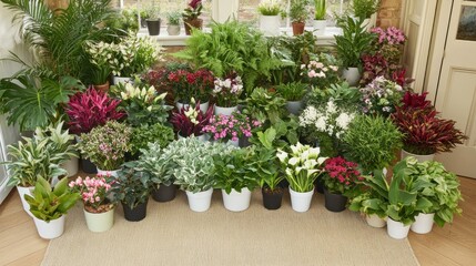 A diverse collection of potted indoor plants in various colors and sizes arranged on a beige carpet in a sunlit room.